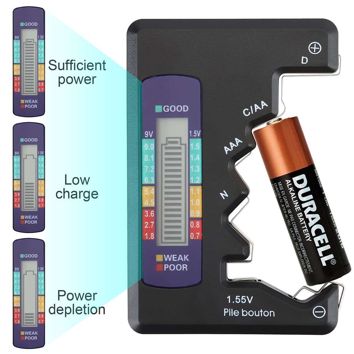 Digital LCD Battery Tester Universal Volt Checker AAA AA C D 9V & Button Cell