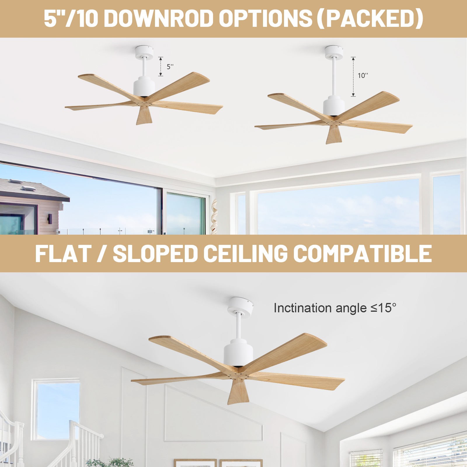 52" Solid Wood Flush Mount Ceiling Fan with Remote & Silent DC Motor Reversible