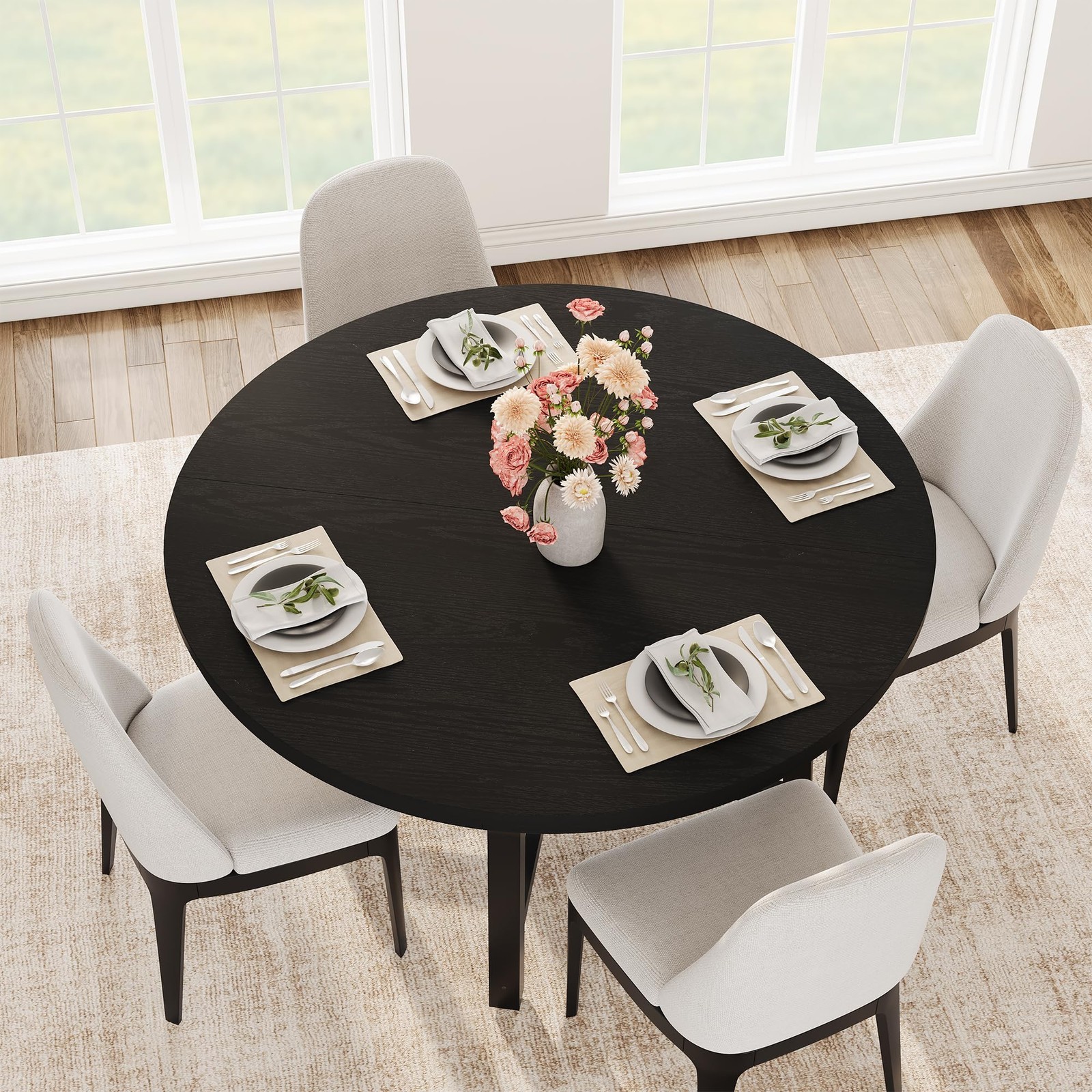 47" Round Dining Table For 4-6 People Wood Top Metal Frame Space Saving Black