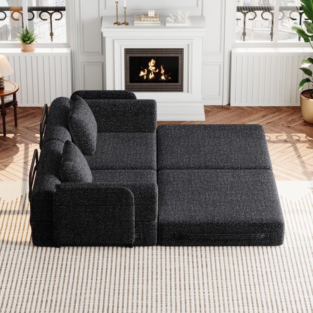 72.4" Convertible Sofa Bed w/ Storage Pockets, Black Chenille Fabric