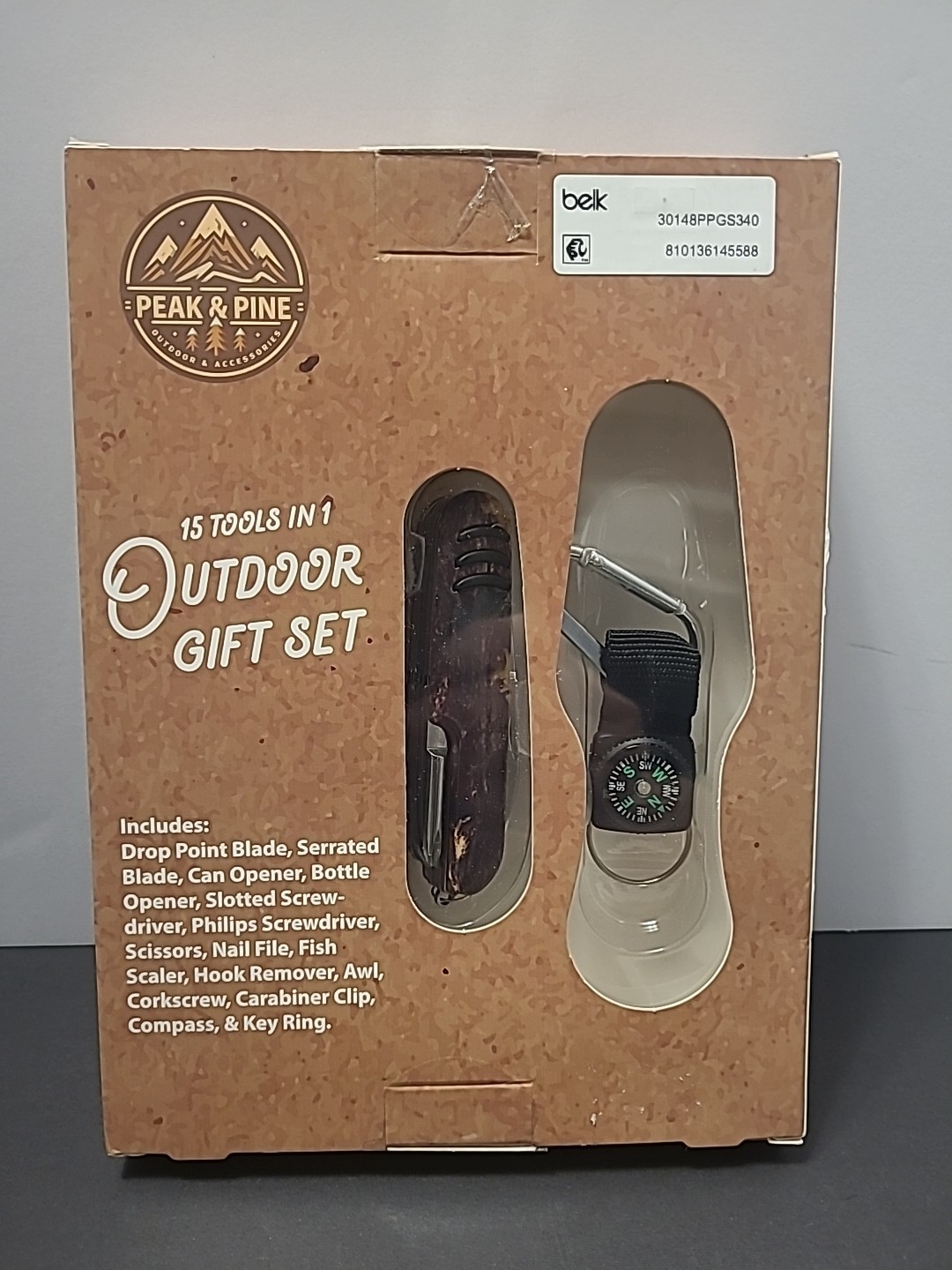 Peak & Pine 15 Tools In 1 Outdoor Gift Set Knife Keyring Compass New-Sealed