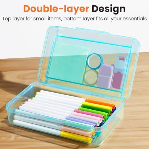 Double Layer Pencil Box, Large Hard Pencil Case Organizer, Clear Plastic Blue