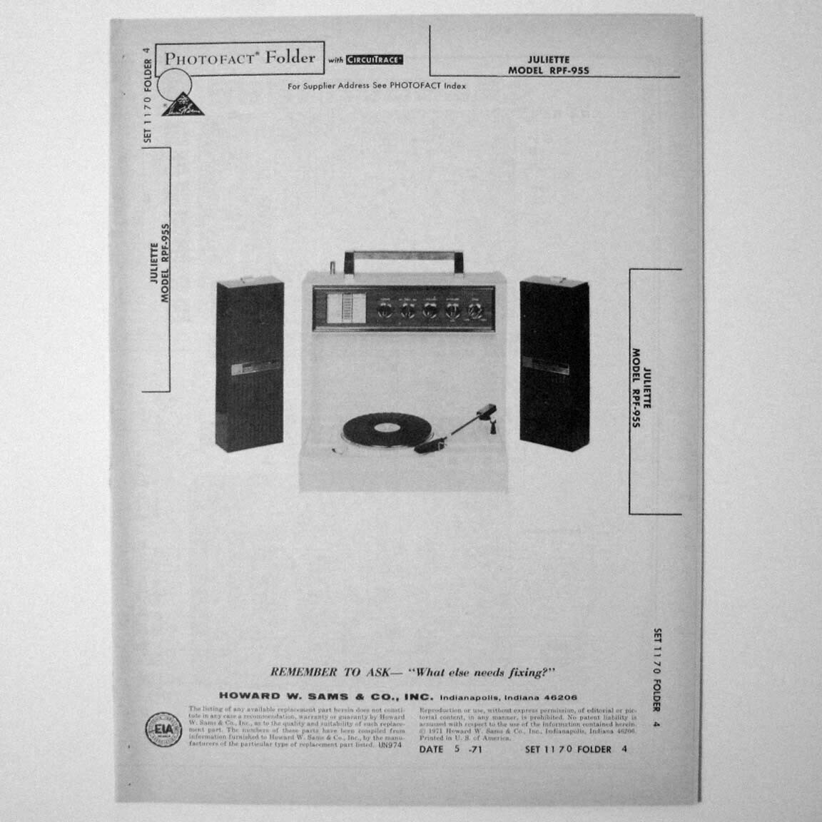 Juliette Model RPF-955 Record Player - SAMS Photofact ™ 1971 - New NOS
