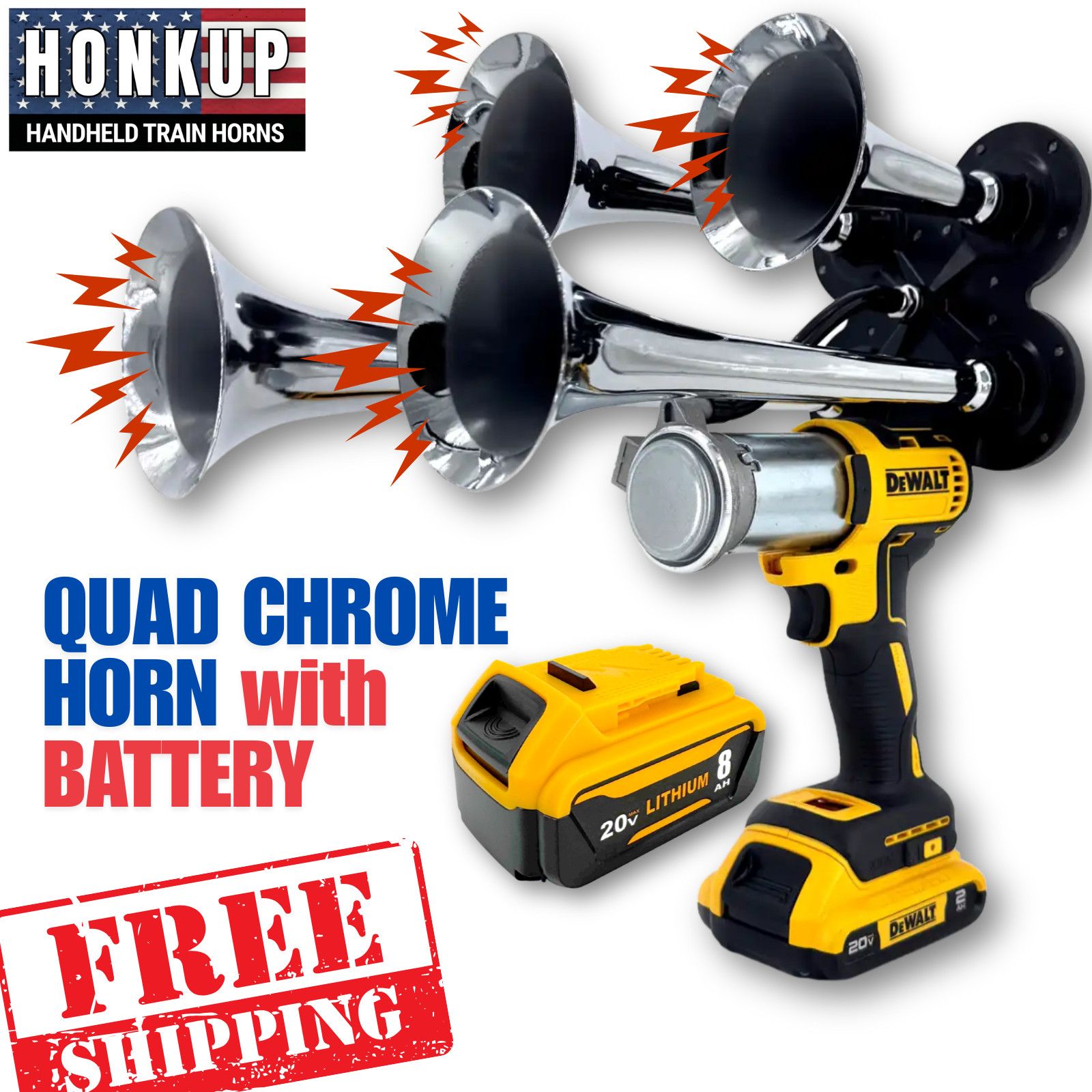 DeWalt 20V Quad Train Horn Kit | Chrome Metal Trumpets with Battery