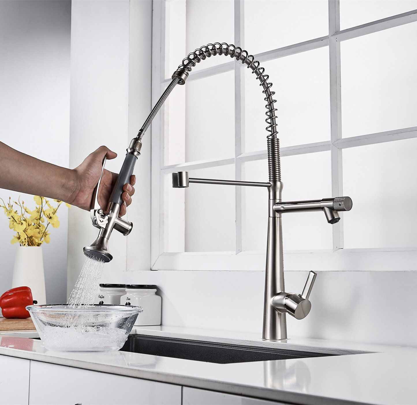 Brass Commercial Brushed Nickel Single Handle Spring Kitchen Faucet Pull Down