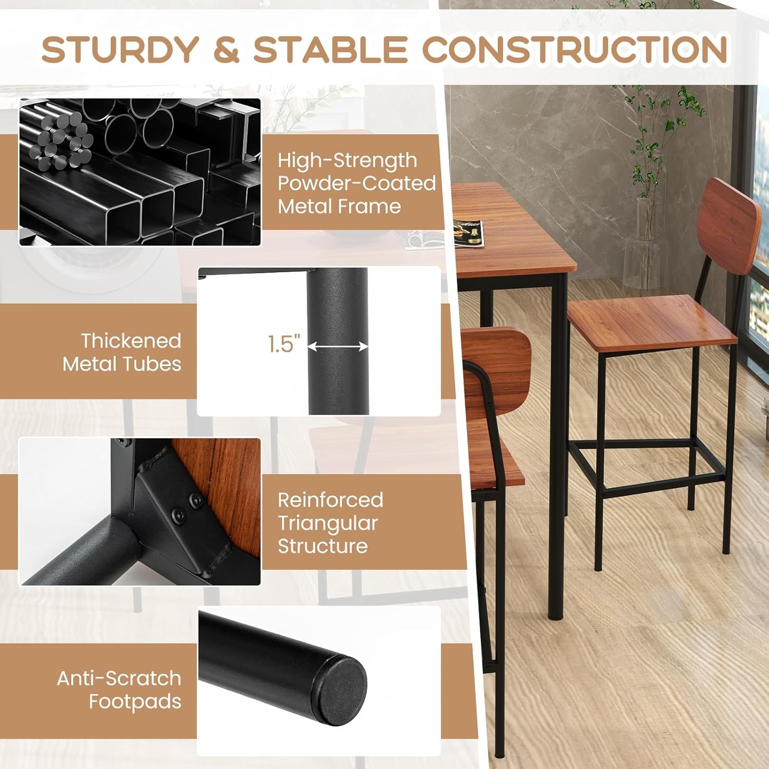 5-Piece Dining Table Set W/Counter Height Table & 4 Bar Stools Industrial