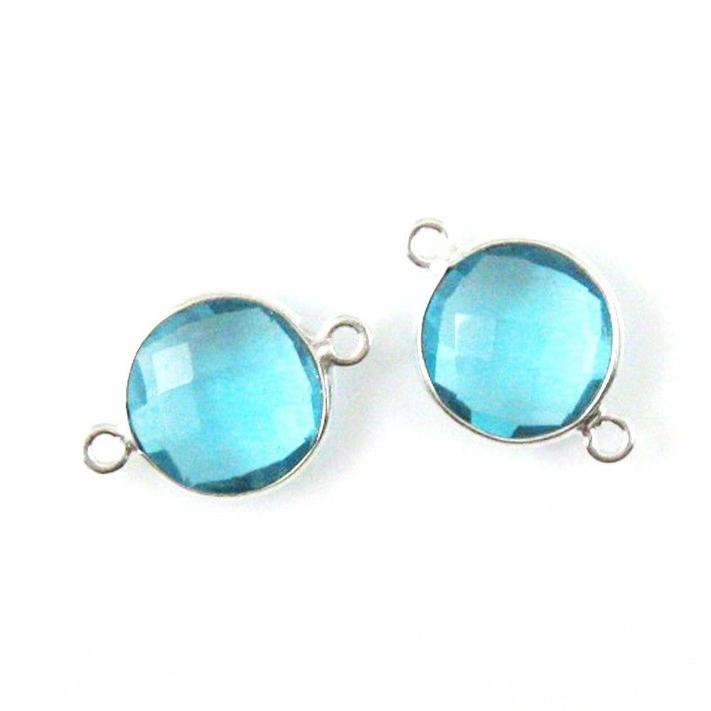 Bezel Gem Links - Sterling Silver -Faceted Coin Shape -Blue Topaz Quartz (2 Pcs)