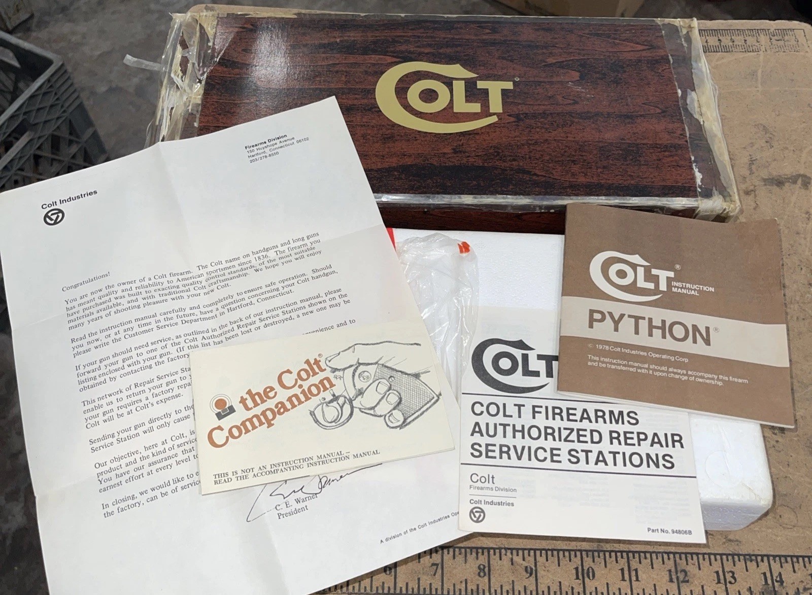 Original 1970's Colt Python Box, Styrofoam, Papers and Manual,  6" Blue Magnum