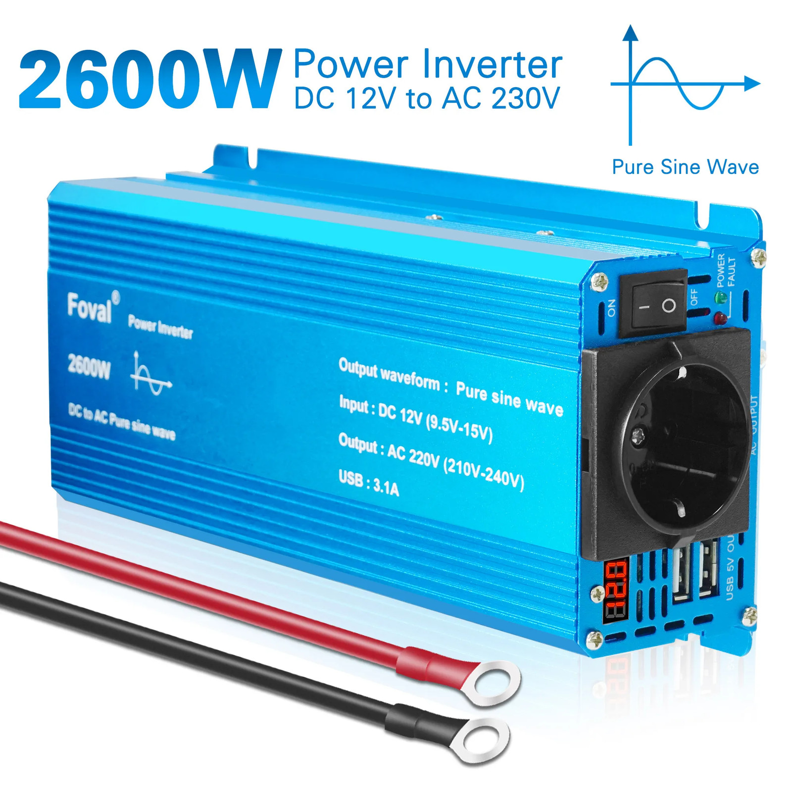 2600W 2200W 1500W Car Inverter DC12V to AC220V Pure Sine Wave Power Converter EU