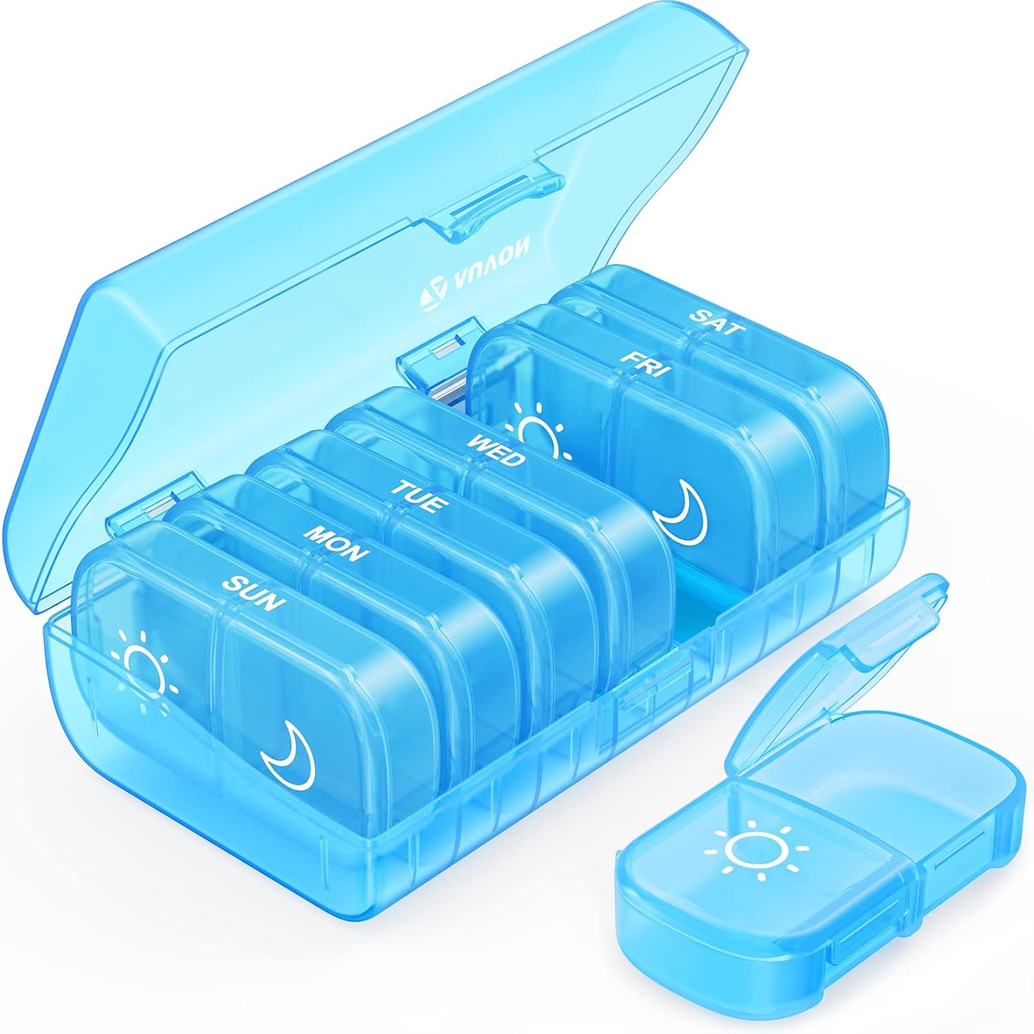 Blue Weekly Pill Organizer 2 Times a Day One-Sided Opening Easy to Use AM PM
