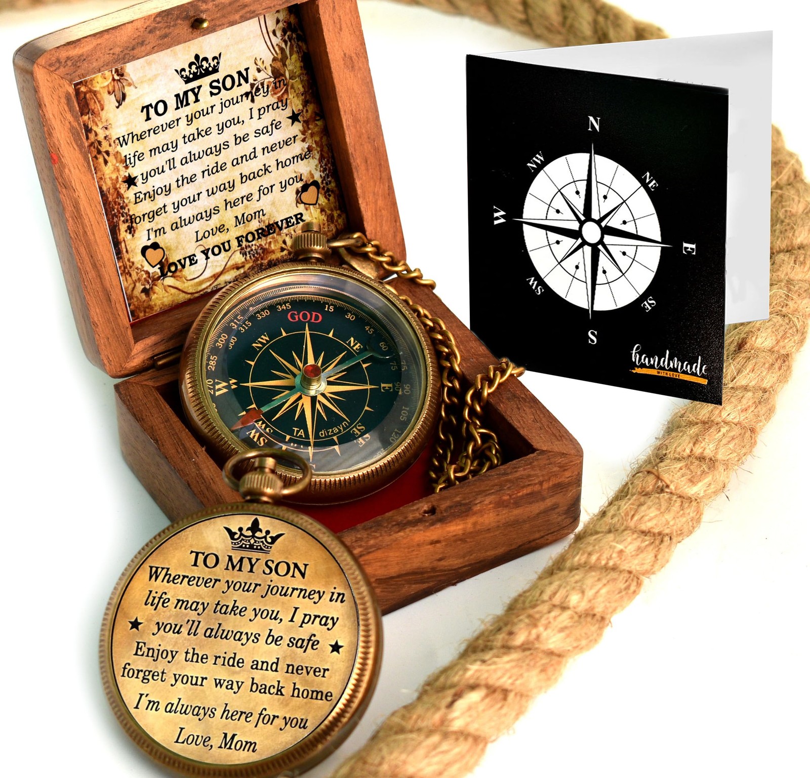 to My Son Compass with Wooden Box-Mom to Son Compass–Mother to Son Gifts-Grad...