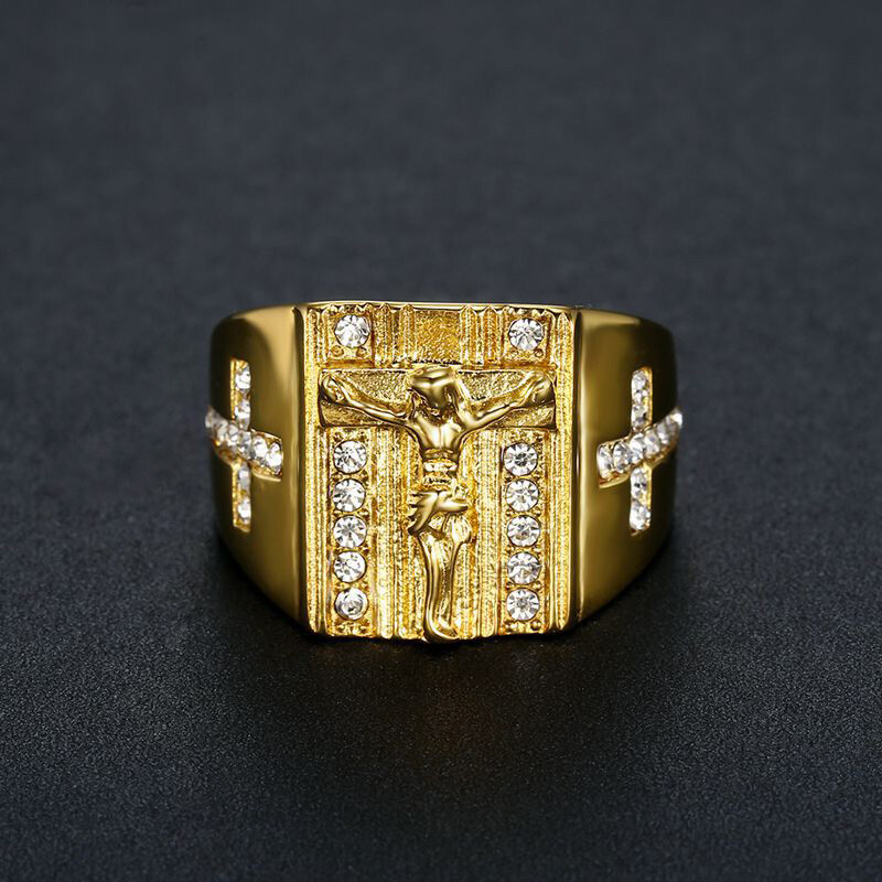 Hip Hop Jesus Cross Ring 316L Stainless Steel 18k Gold Plated with Zicon Jewelry