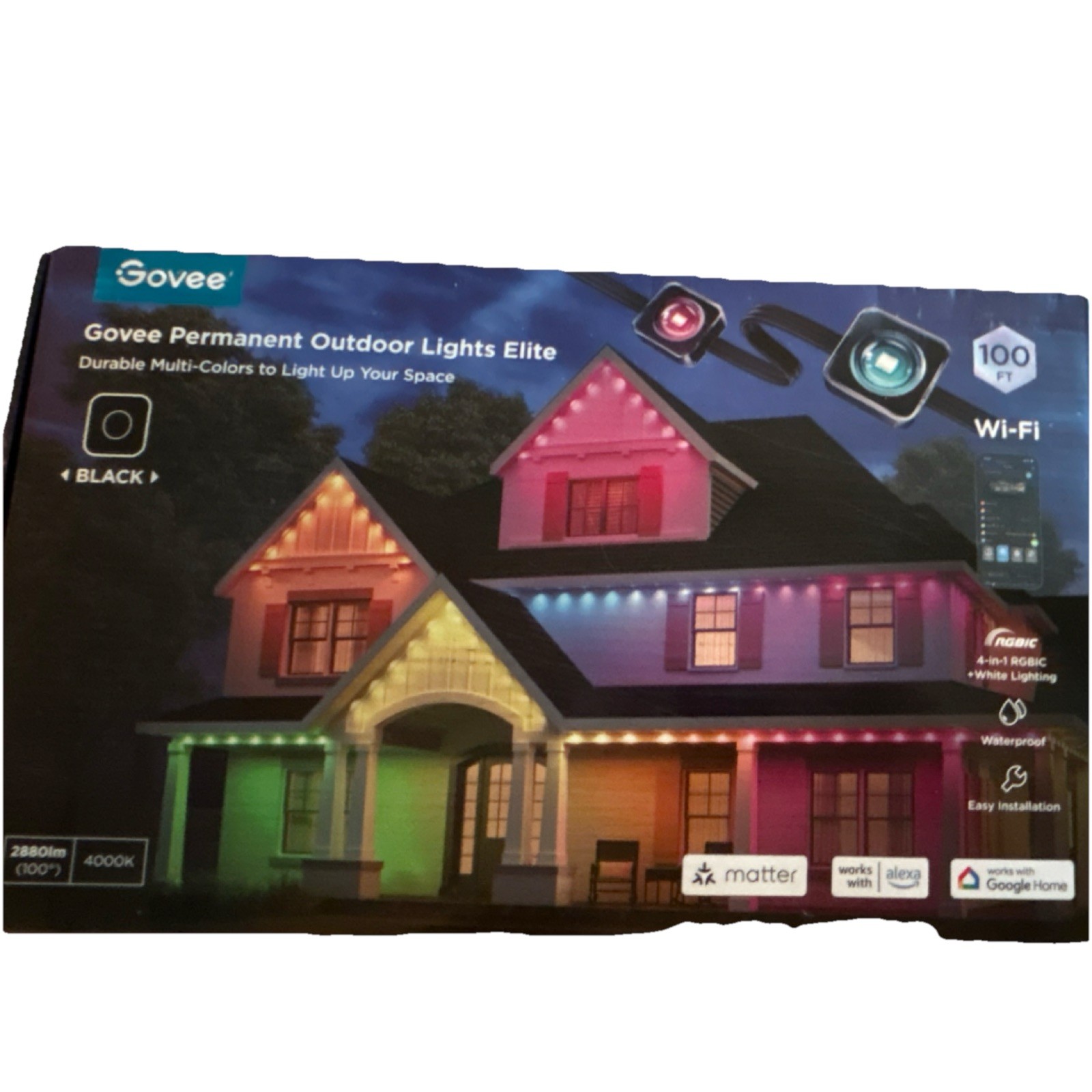 Govee Permanent Outdoor Lights Elite 100ft RGBIC LED Wi-Fi App/Voice IP67 Black