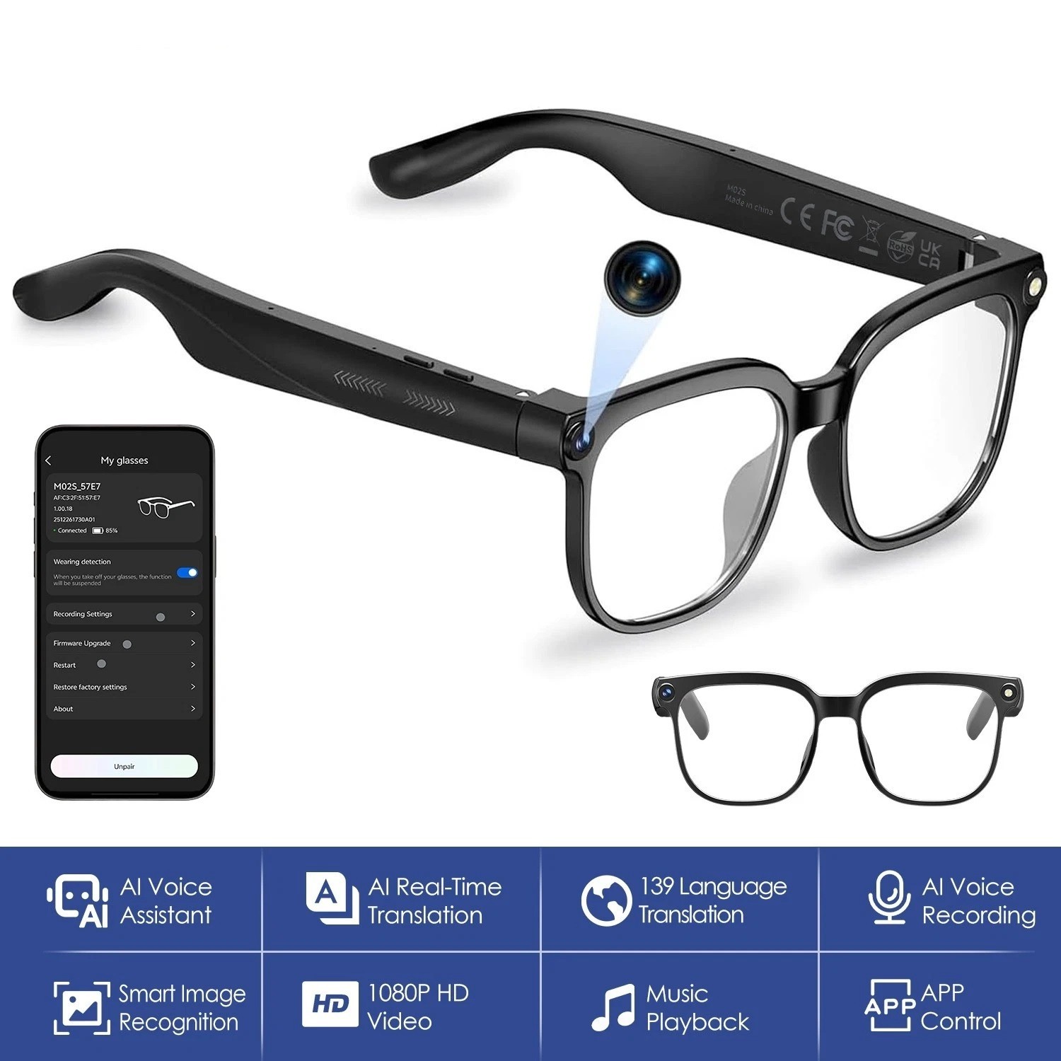 AI Smart Glasses Video Recording Sunglasses with Camera and Audio 8MP HD1080P