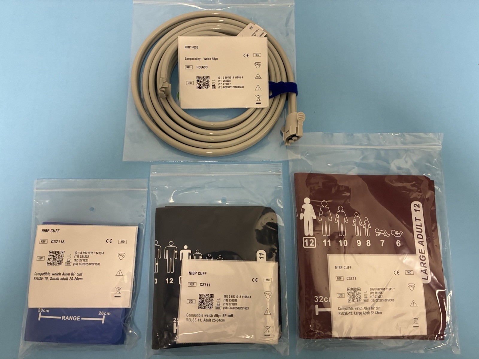 Welch Allyn Connex NIBP Hose Flexiport- Compatible - (3) Reusable Cuffs..
