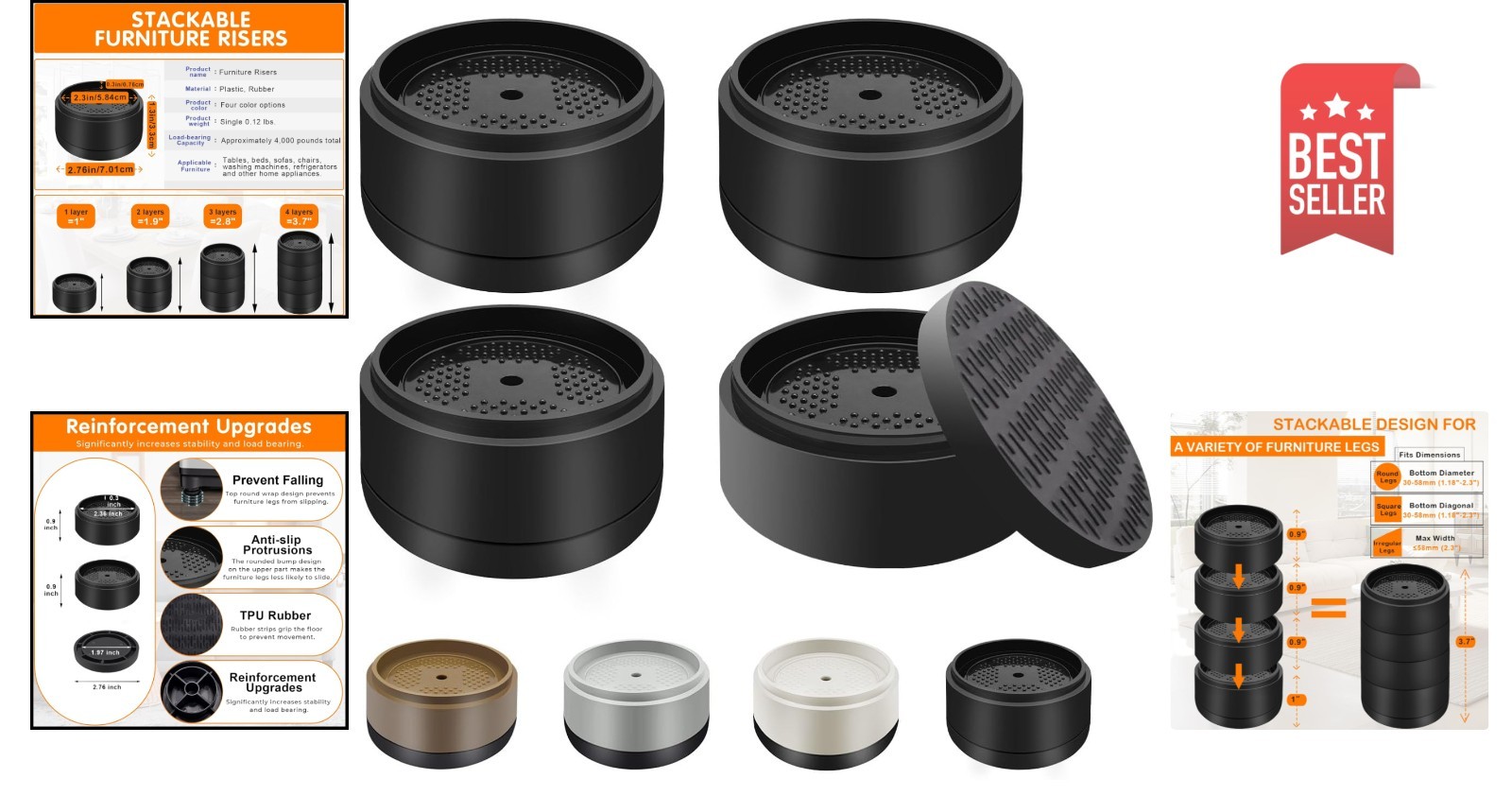Versatile 4 Pack Furniture Risers - Adjustable Heights for Enhanced Comfort