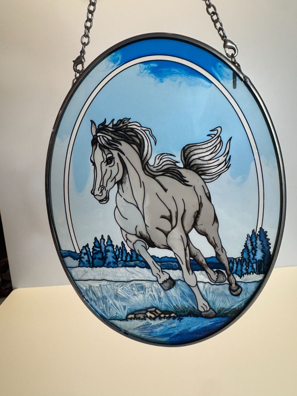 VTG Rare Blue Equine Stained Glass Suncatcher – Galloping Horse Unique Colorway