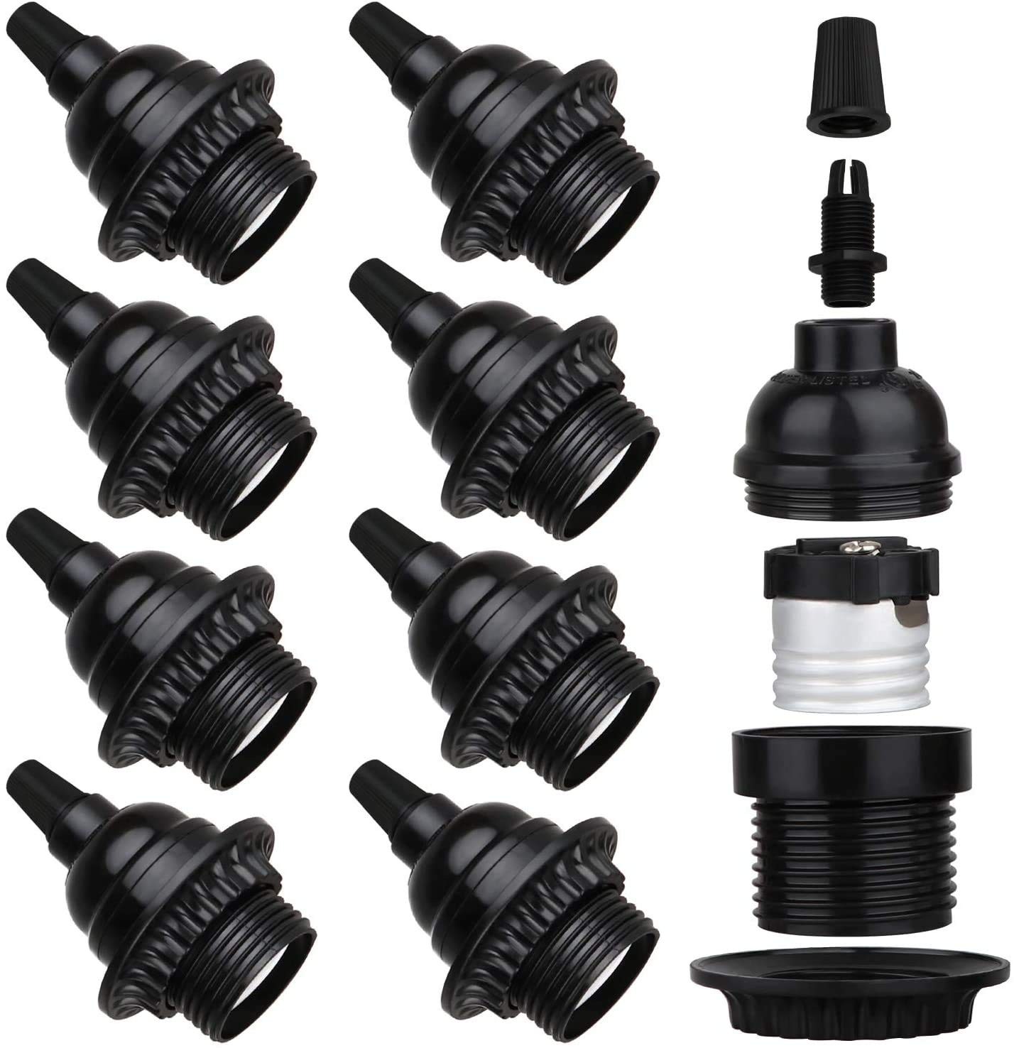 8 Pack E26 E27 Light Sockets, Black Medium Screw Base with Shade Ring, Retro Per
