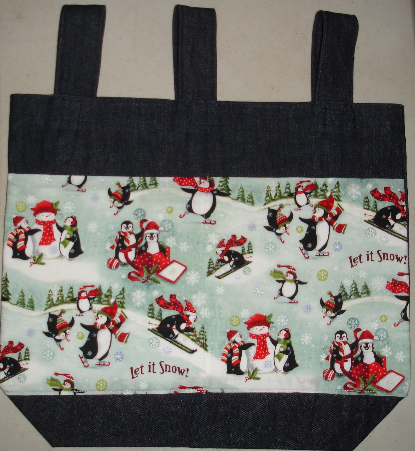 NEW Handmade Denim Walker Tote Bag Holiday Winter Penguns Theme