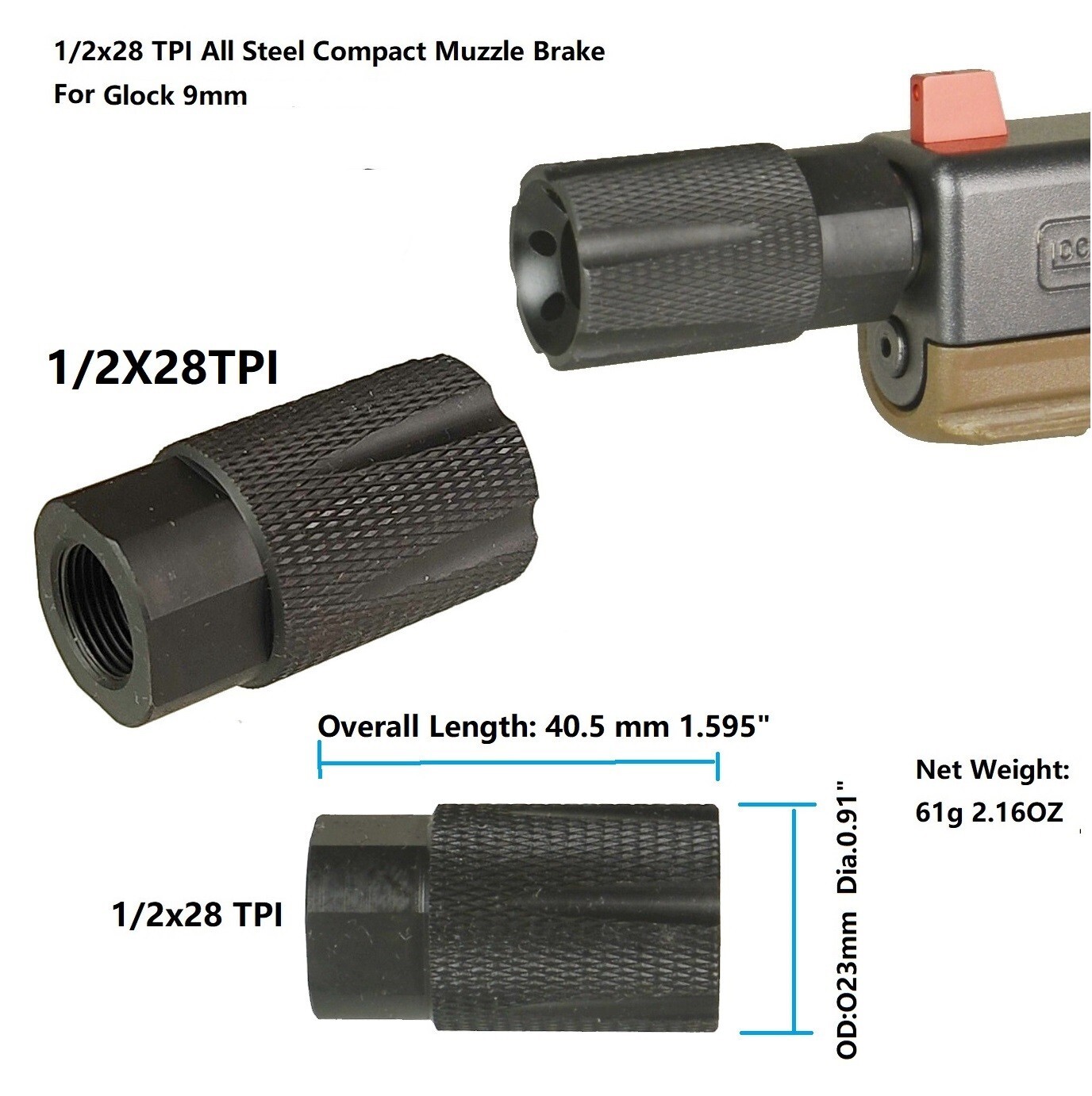 1/2x28 TPI Compact Low Concussion Muzzle Brake Compensator  For 9mm G 17 19 26