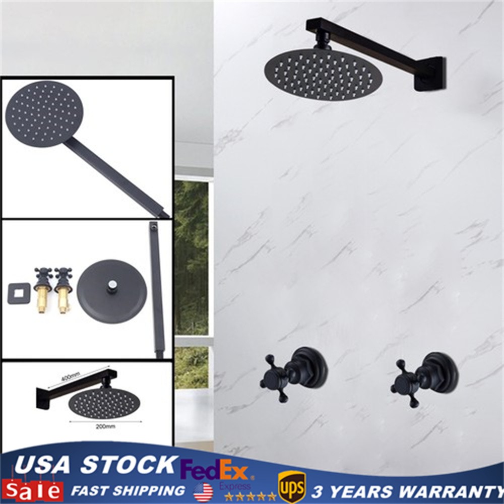 Wall Mount 8" Black Rain Shower Head 2-Handles Cold & Hot Faucet Mixer Tap.