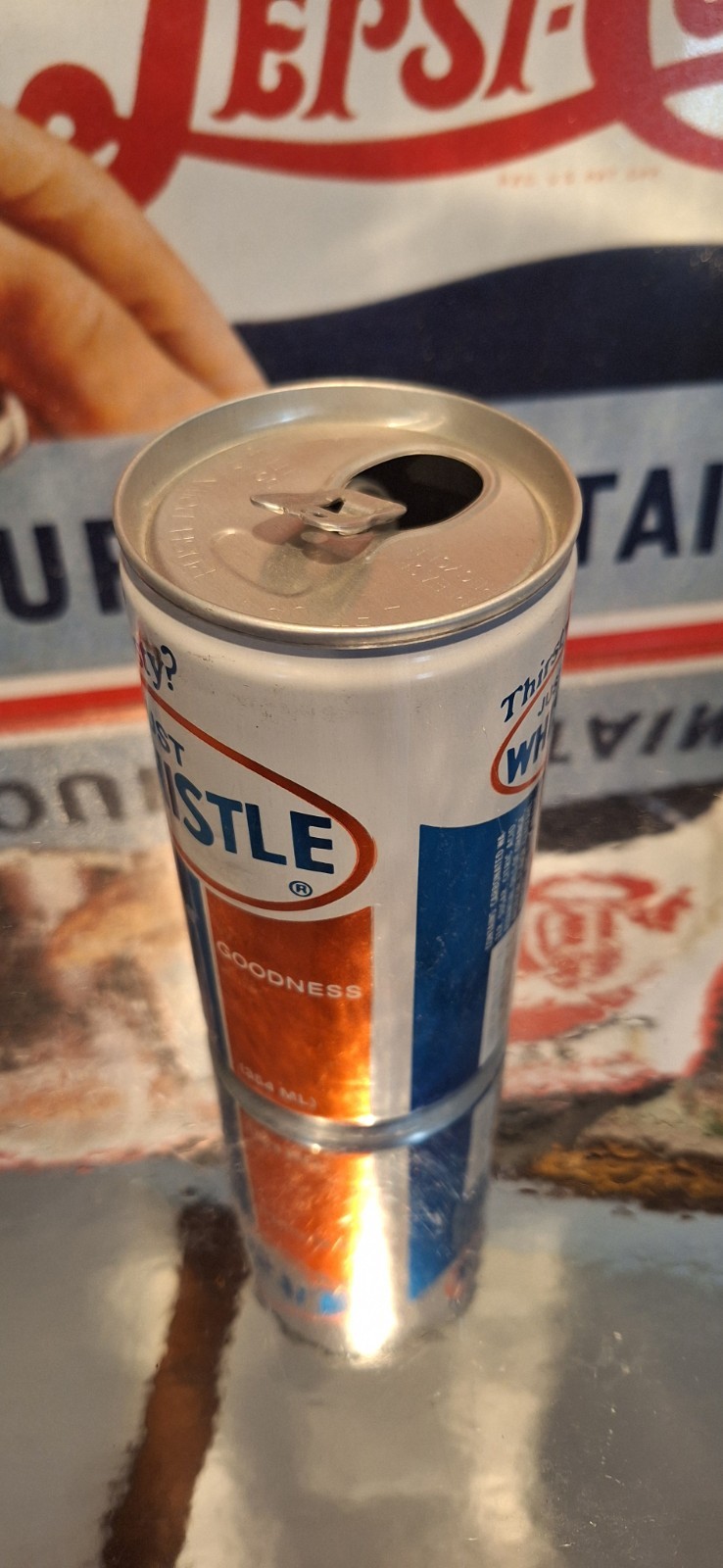 🍺 Just Whistle Orange Soda Pop Can Advertising Prop Empty 70's 80's