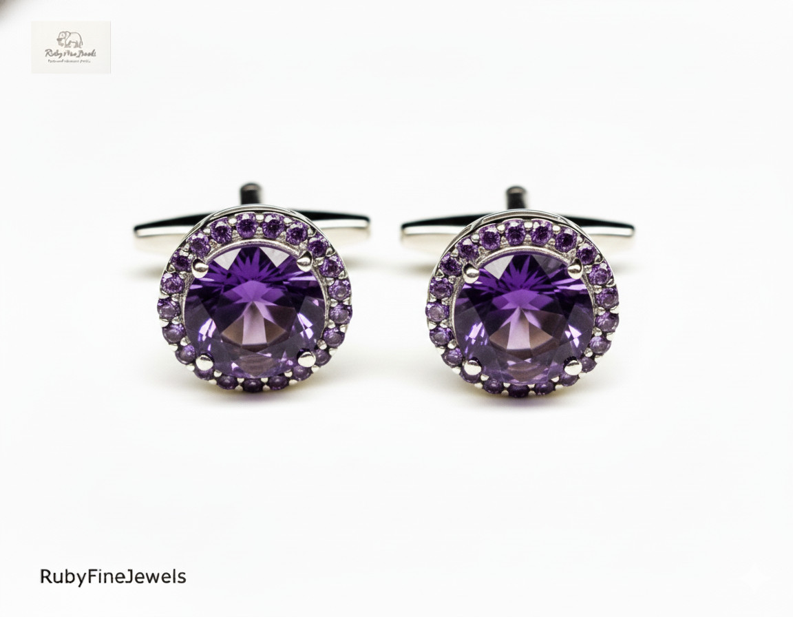 925 Sterling Silver Amethyst Halo Cufflinks Men's Luxury Wedding Gift