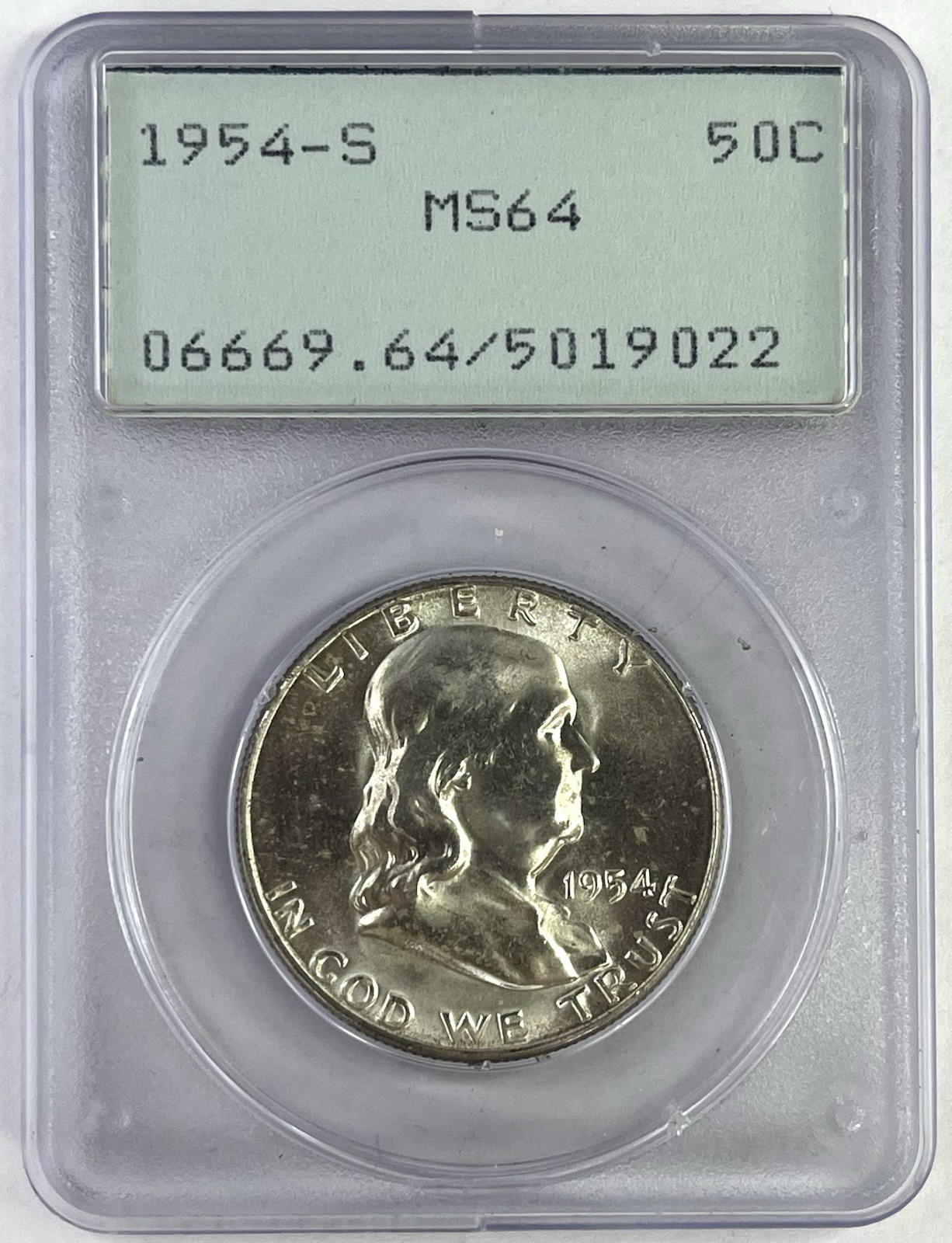1954 S Franklin Half Dollar PCGS MS64 Rattler Holder 90% Silver