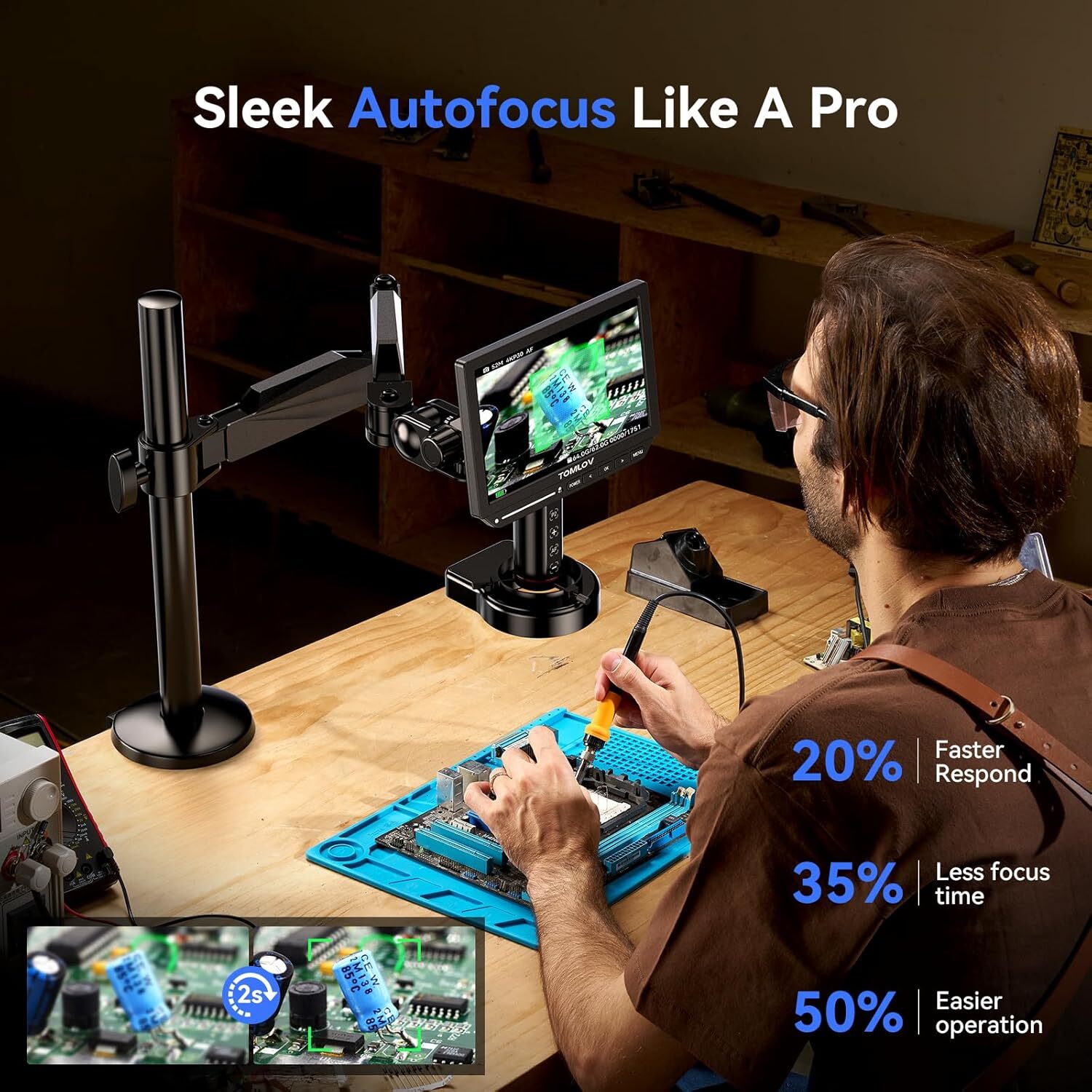 TOMLOV Autofocus 4K Digital Microscope 2000X 8" HDMI Micro Soldering Coin 52MP