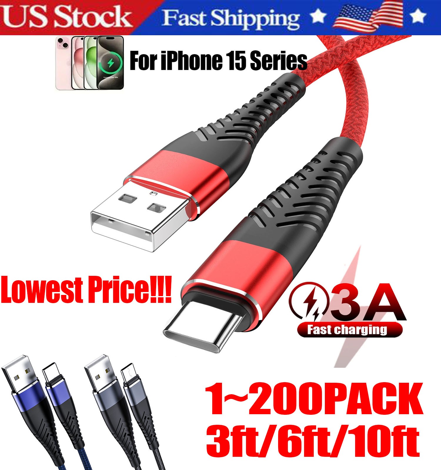 Braided USB C Type C Fast Charging Data Cable Cord for iPhone 17 Pro Max 15 lot