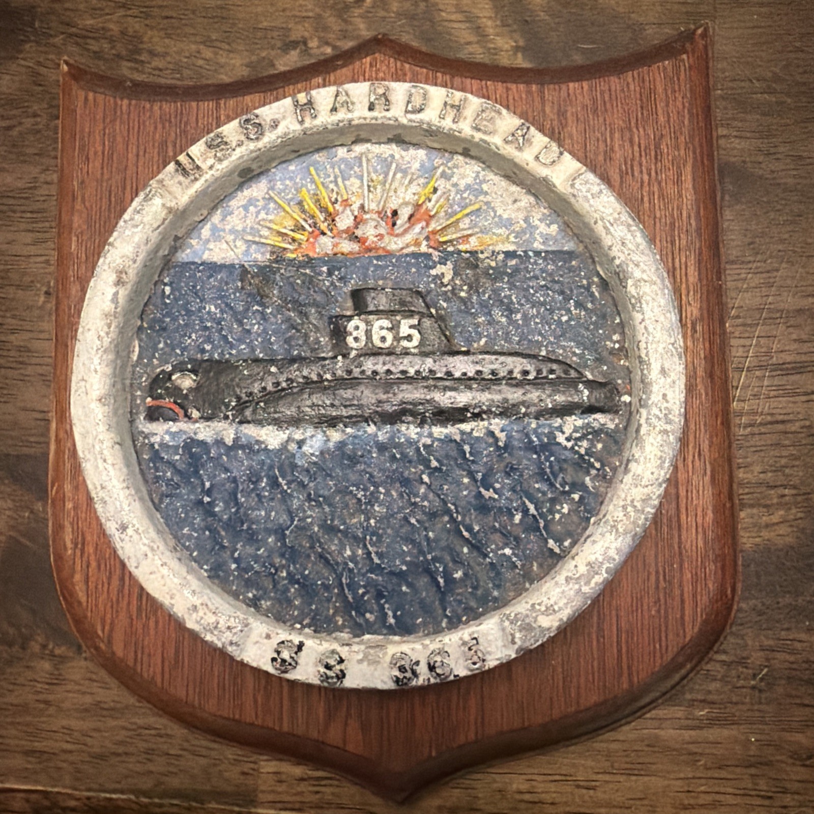 VINTAGE USS 365 HARDHEAD SUBMARINE WALL PLAQUE  metal & wood