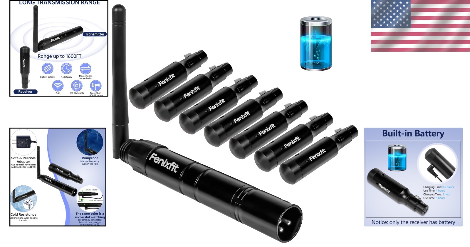 No Delay Wireless DMX Lighting Control: 1 Transmitter & 7 Receivers, Plug & Play