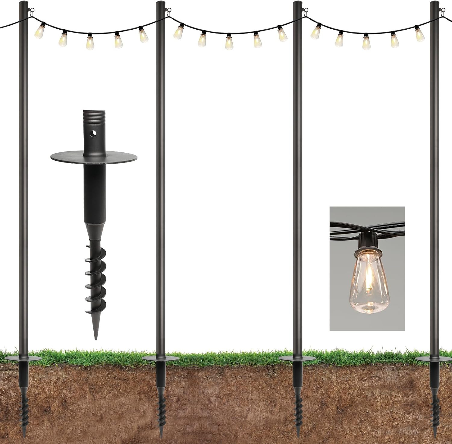 Premium String Light Pole 4 Pack with 100' of LED Edison Bulb String Lights (Yar