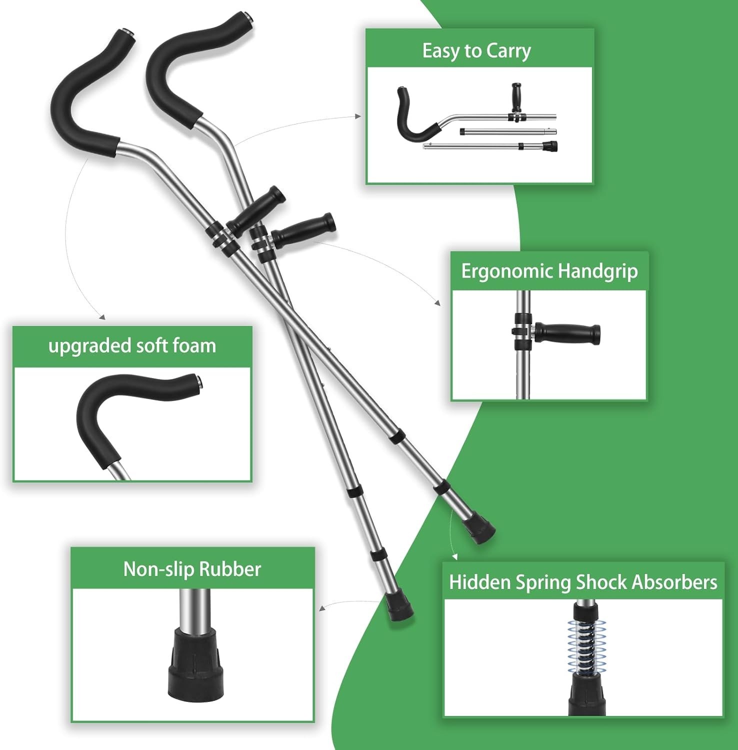 Adjustab Underarm Crutches, Height Adjustable with Hidden Spring Shock Absorbers