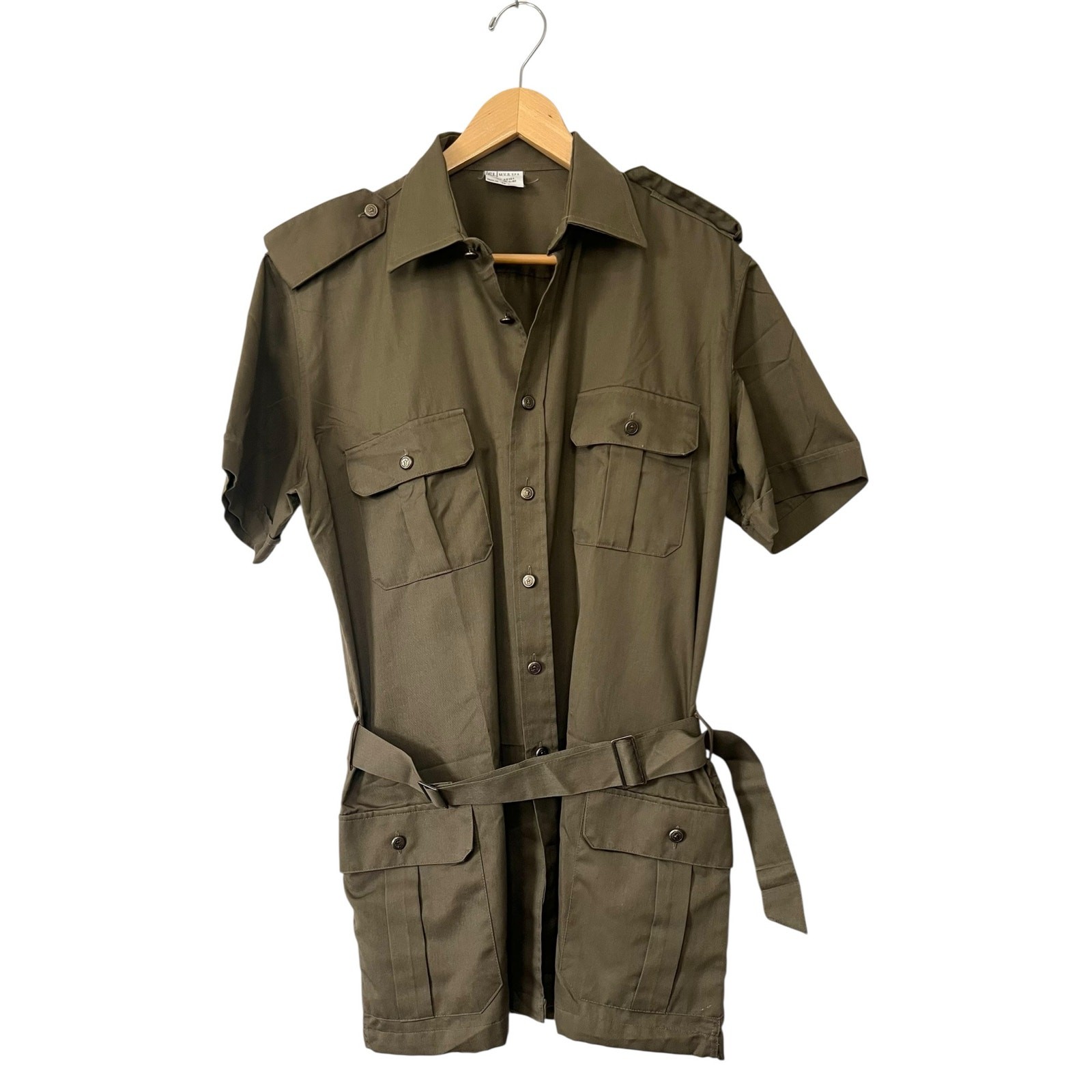 Vintage Italian Military Uniform Shirt Green European Belted Adult Sz 16/L/41