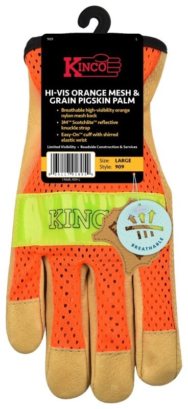 Kinco 909-XL Men's Unlined Grain Pigskin Mesh Back Gloves Safety X-LARGE Orange