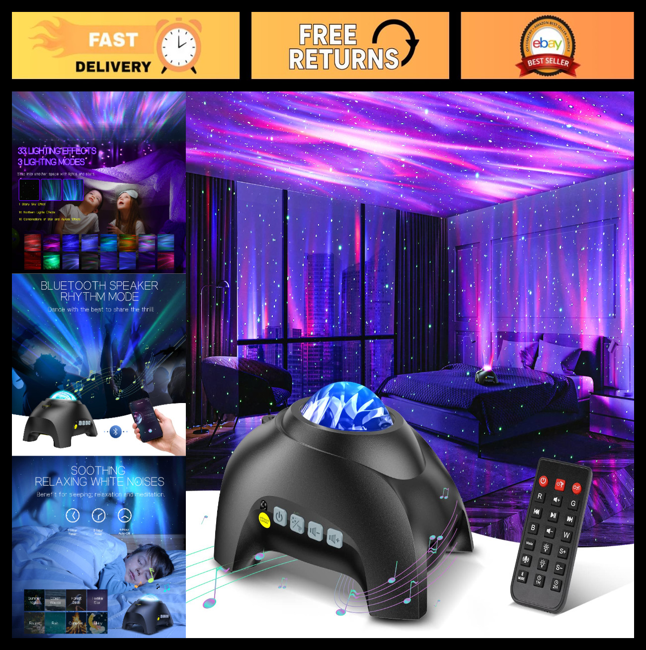 Aurora Projector Light with 33 Effects, LED Star Night Lamp, Bluetooth Speaker,