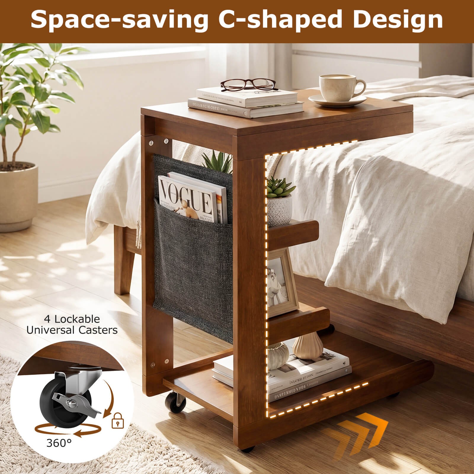 2PCS C-shaped End Table w/Wheels Adjustable Desktop Edge Stopper Storage Pocket