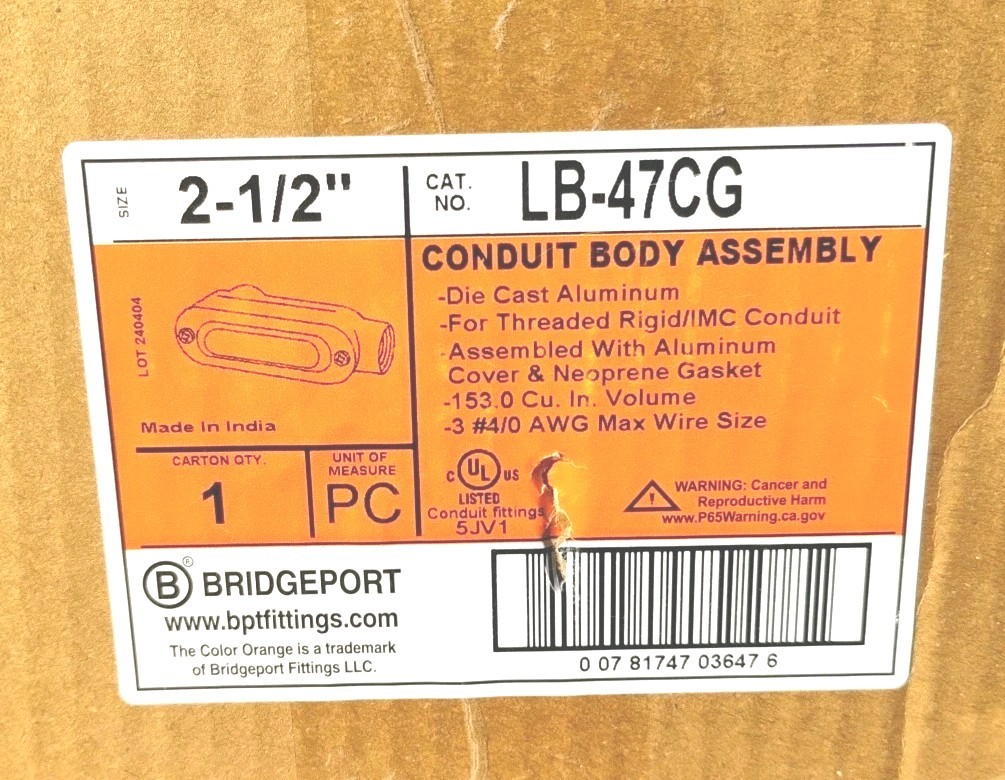 Bridgeport LB-47CG 2 1/2" Conduit Body Threaded IMC Conduit W/Cover New in Box
