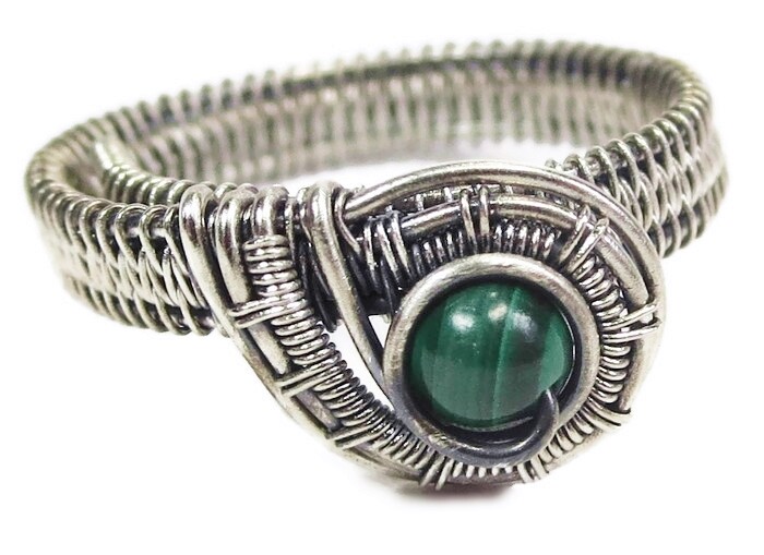 Malachite Adjustable Ring, Woven in Sterling Silver Wire