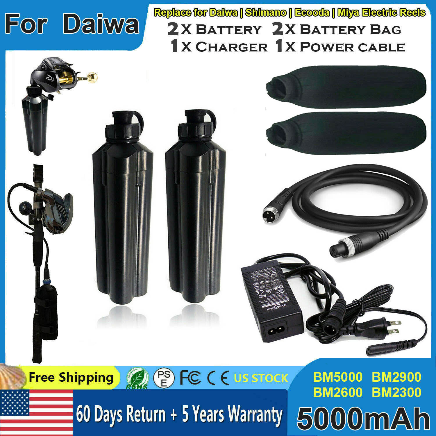 5Ah Daiwa Electric Fishing Reel Battery Tanacom 1000 S500J BM2900 BM2600 Charger