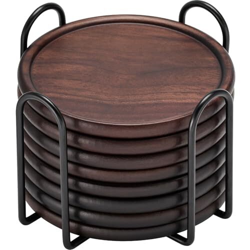 Wood Coasters with Metal Holder,  Set of 8 8 Pieces Coasters With Metal Holder