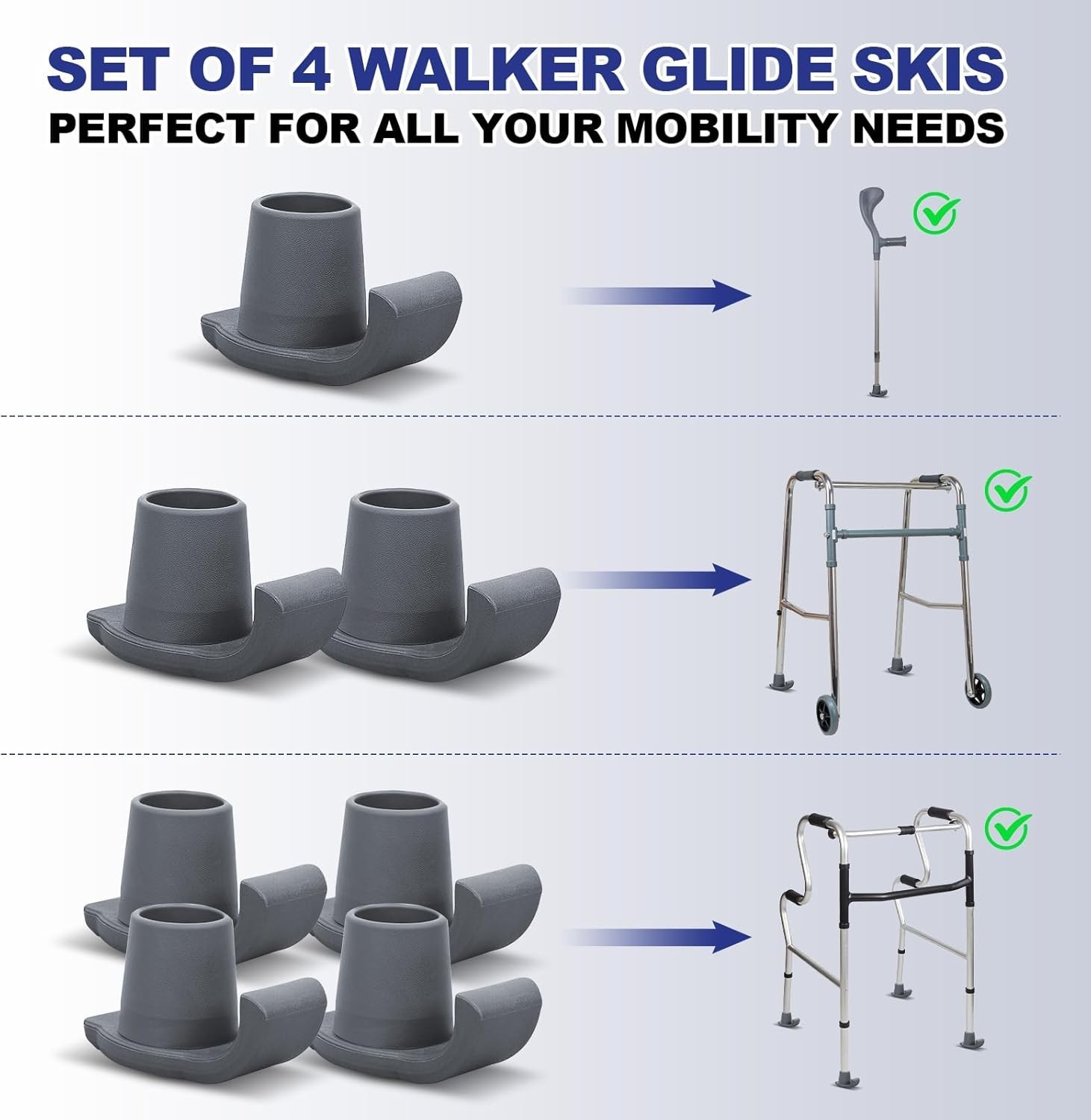 Walker Ski Glides, 2 Pack Durable Glides for Folding 2 Pack, Gray