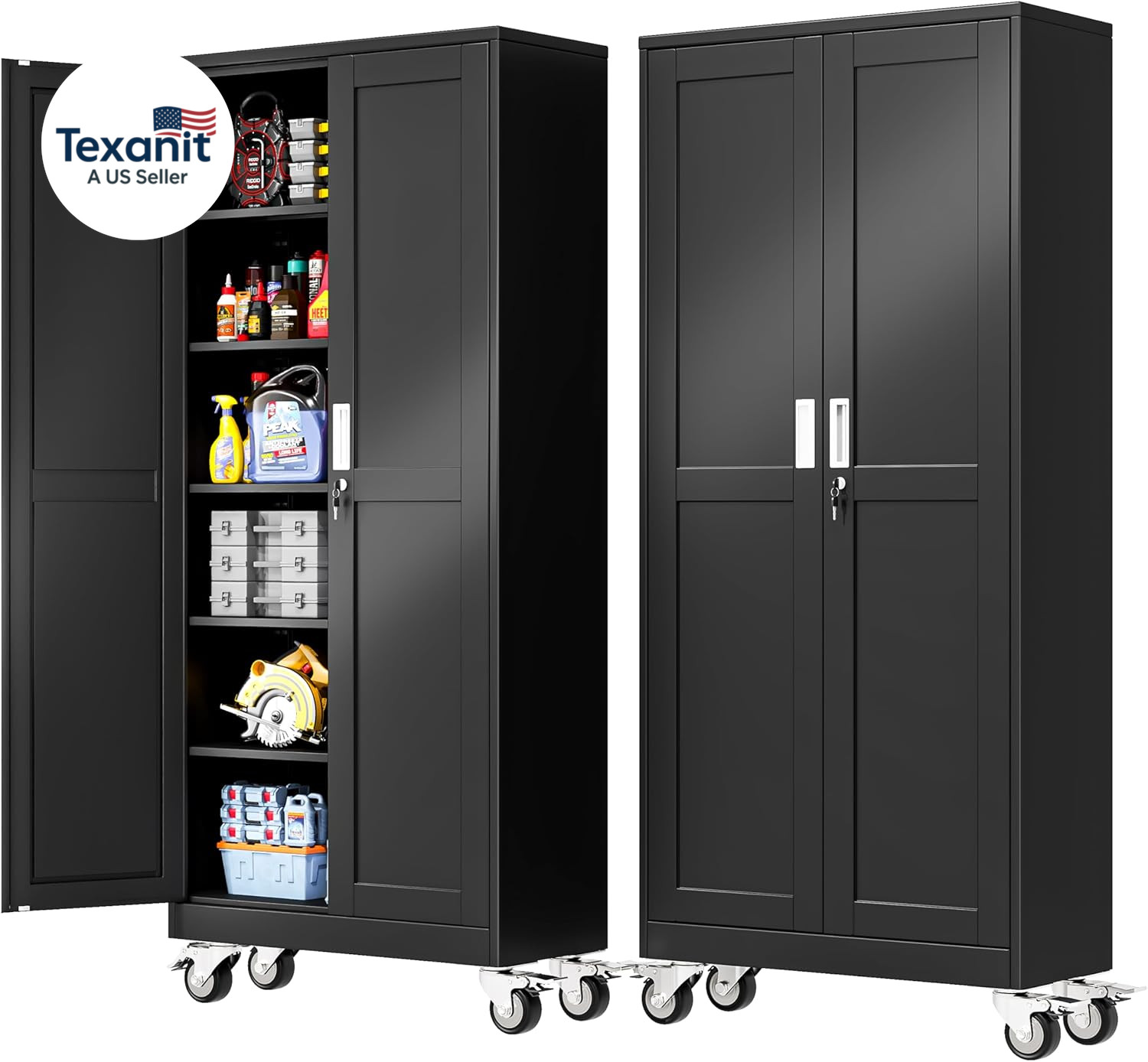 75''H Metal Garage Storage Cabinet with Wheels,Steel File Cabinets with 2 Doors