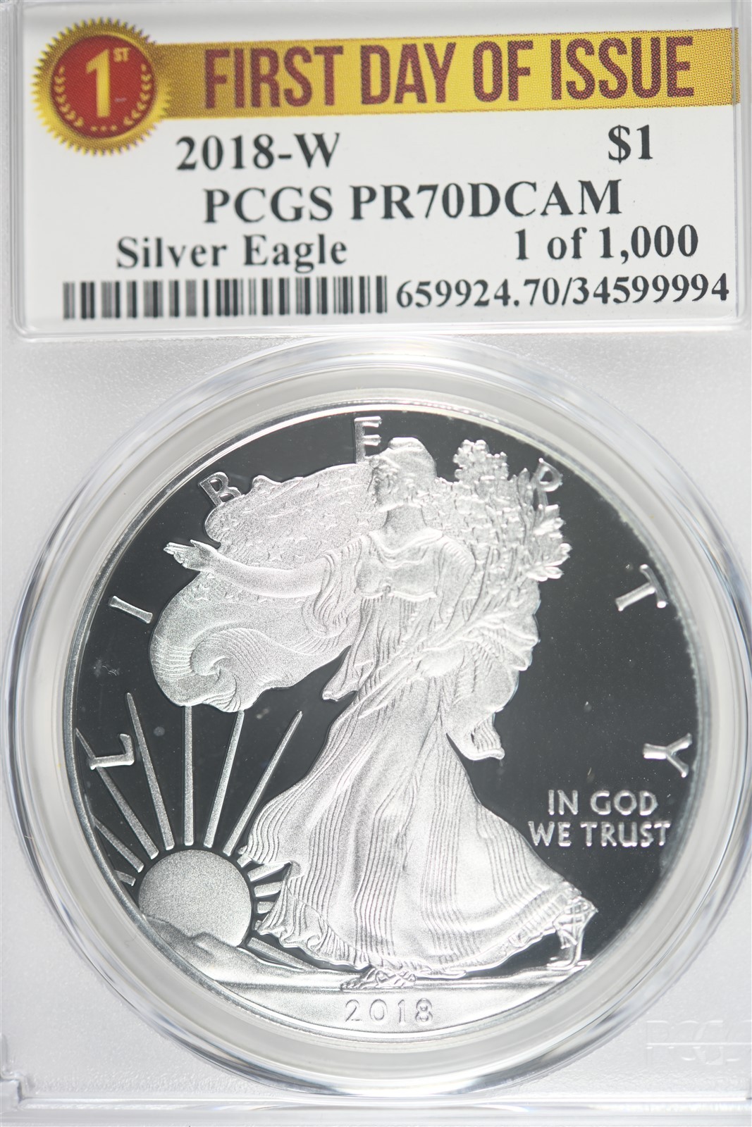 2018 W 1oz Silver Eagle PCGS PR70 DCAM - First Day of Issue - 1 of 1000