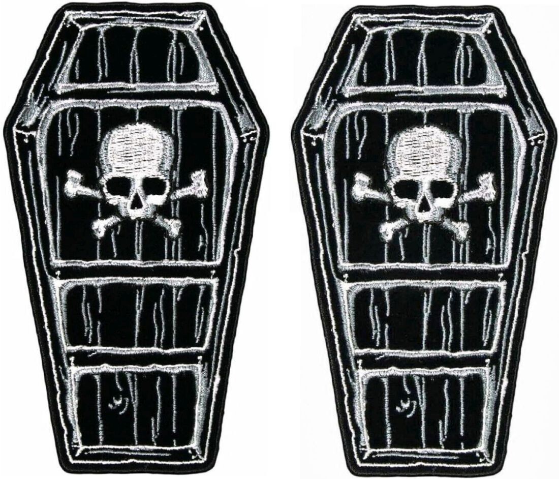 COFFIN SKULL AND CROSS BONES EMBROIDERED PATCH | 2PC  Iron on or Sew on  5"x3"