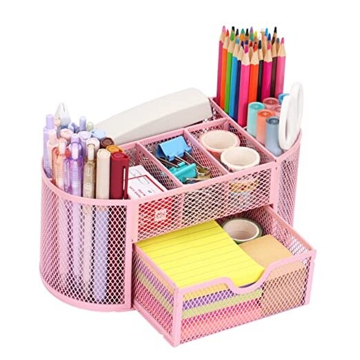 Desk Organizer, Pen Holder for Desk and Accessories, Mesh Desk Organizer Pink