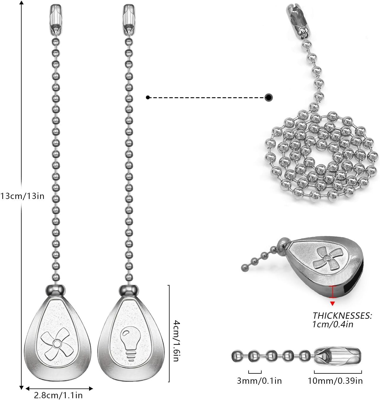 Silver Ceiling Fan Pull Chain, 12 Inches Decorative 4Pack