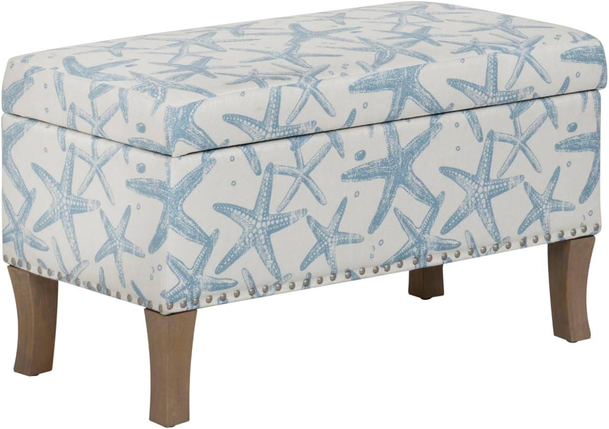 Stephanie Cream and Light Blue Starfish Fully Upholstered Bench with Hidden Inte