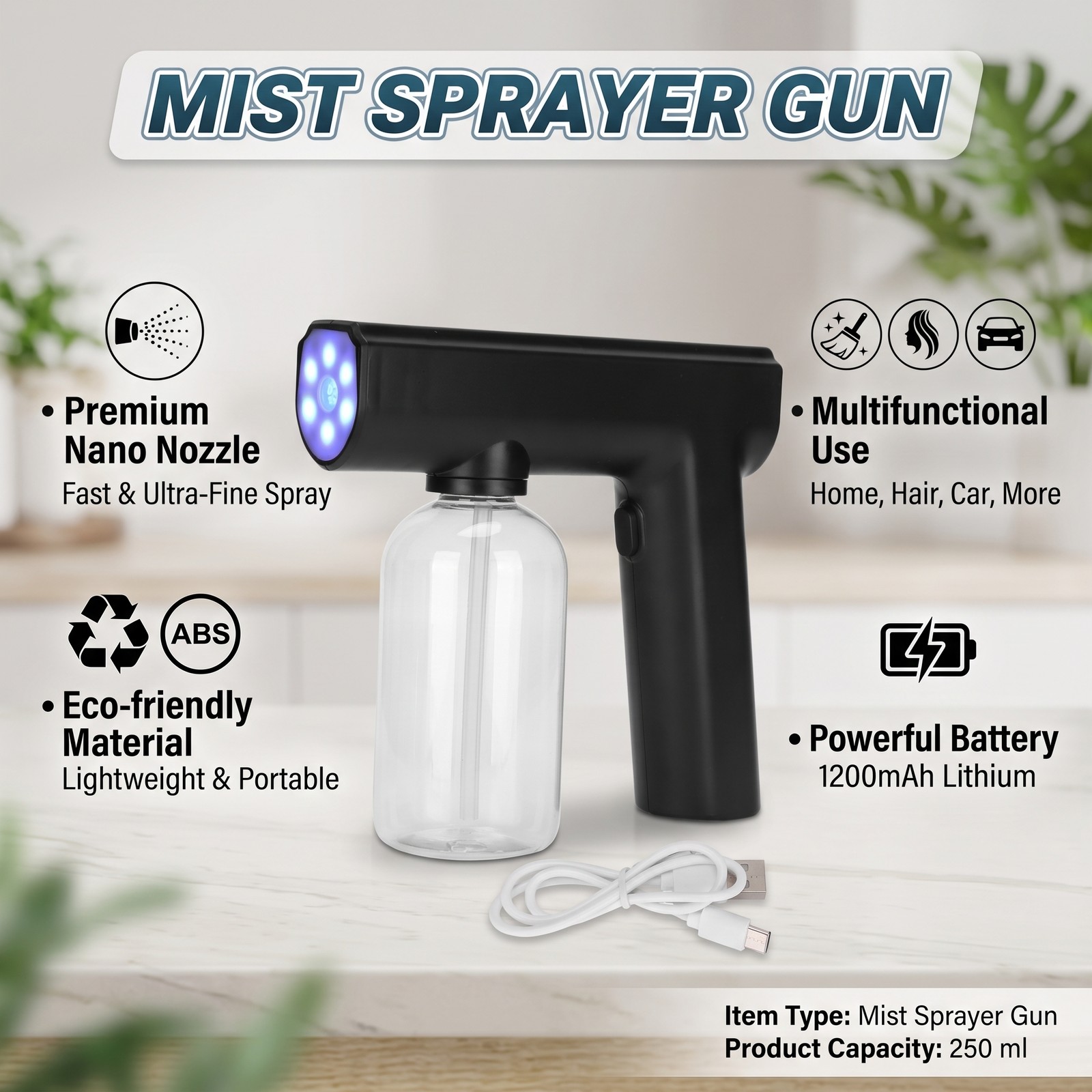 Mist Sprayer Gun 250ml Capacity Electric Nano Mist Sprayer USB Rechargeable